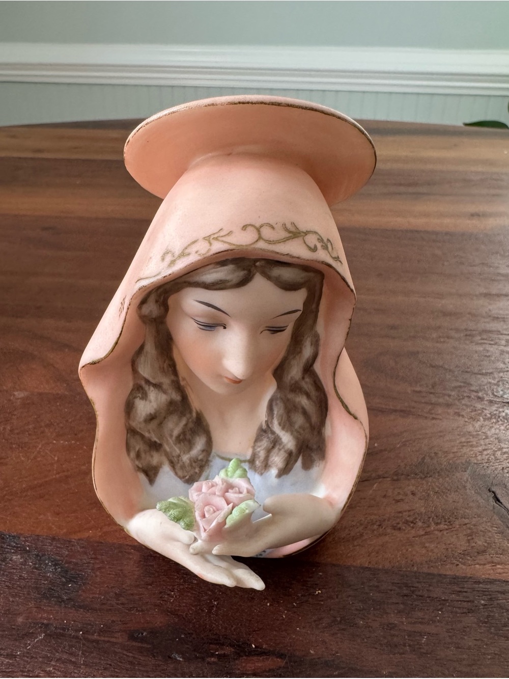 Vintage Mother Mary Madonna Bust Head Figure Holding Roses Porcelain